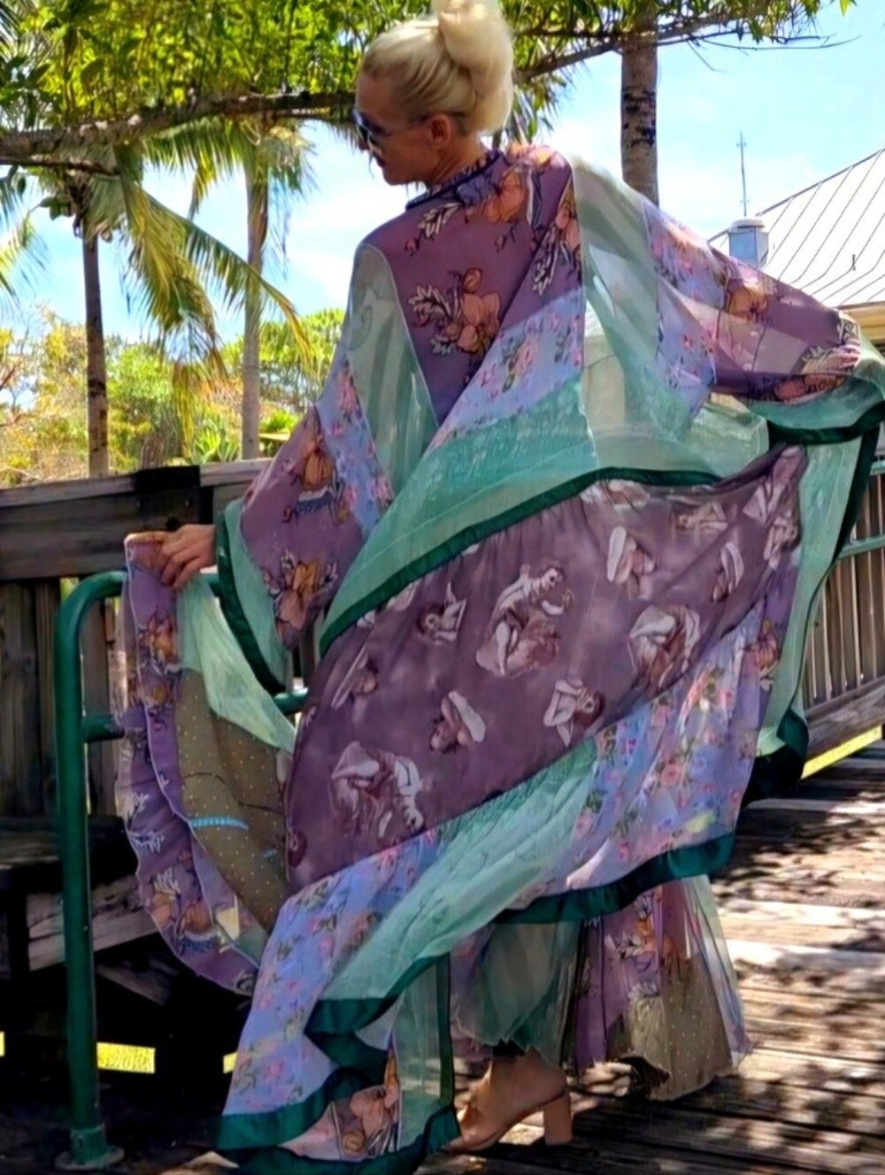 Luxury 100% Silk Kimono & Maxi Dress Set Floral Angel Print Patchwork